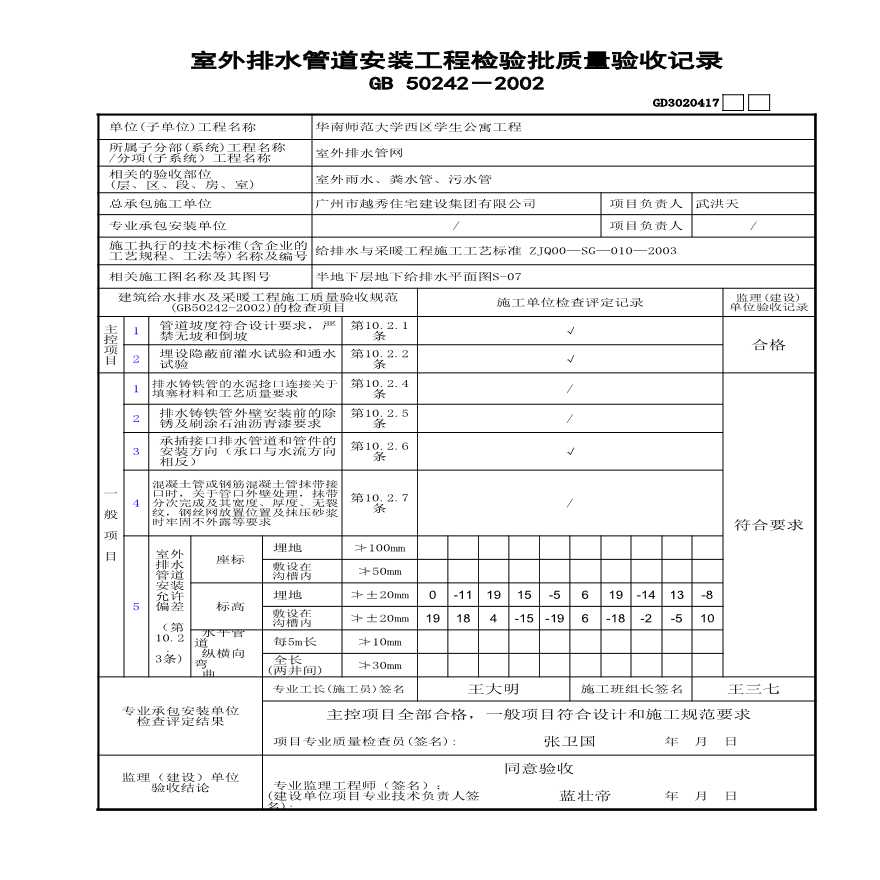 GD3020417室外排水管道安装工程检验批质量验收记录-图一