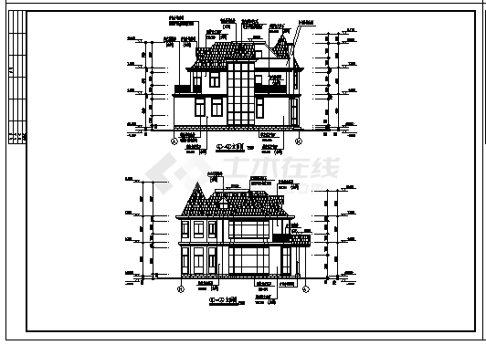 二层农村欧美风格别墅建筑设计cad图(带夹层设计，共七张)-图二