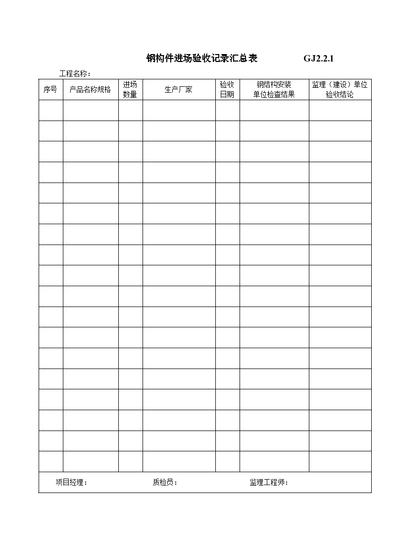 工程钢构件进场验收记录汇总表