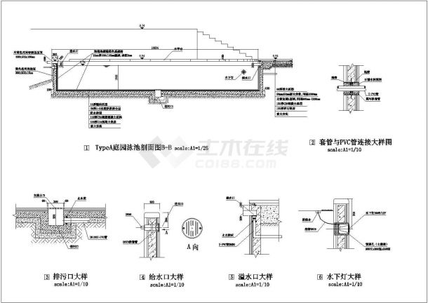 泳池挡墙等别墅景观施工图大样图-图二