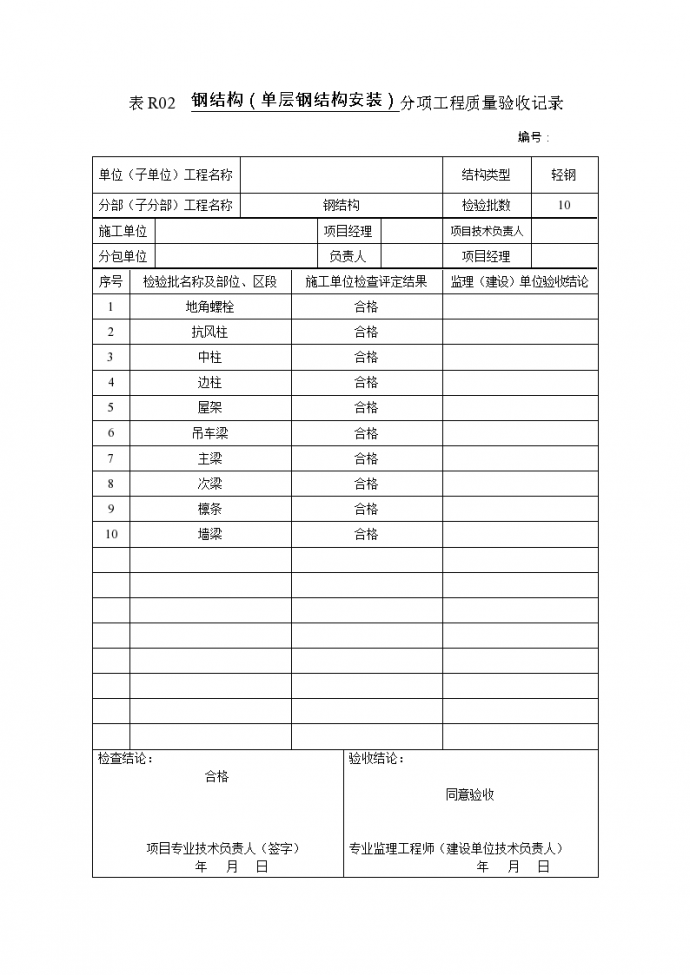 钢结构（单层钢结构安装）分项工程质量验收记录_图1