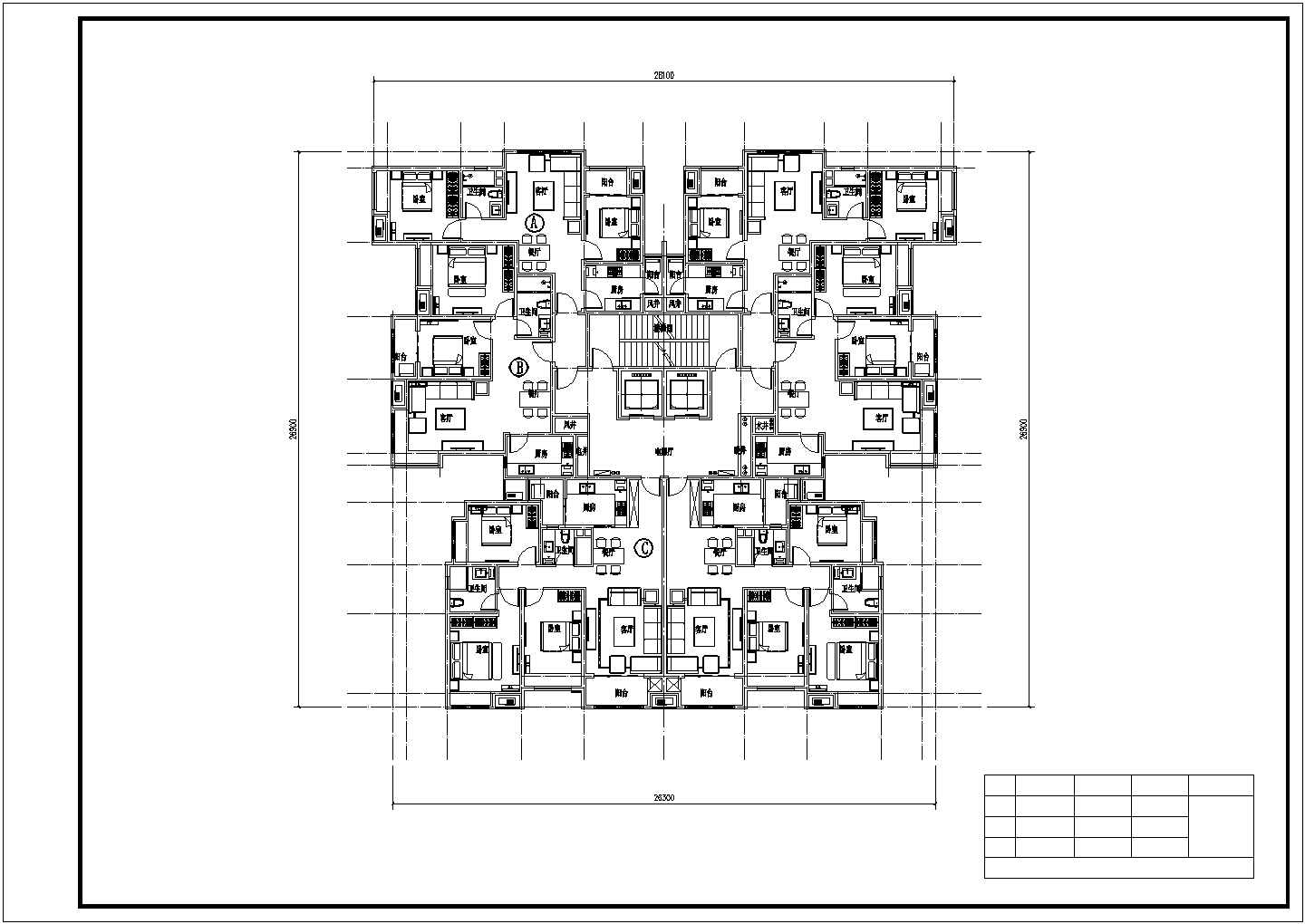 某小区高层一梯六户住宅户型设计施工CAD图纸