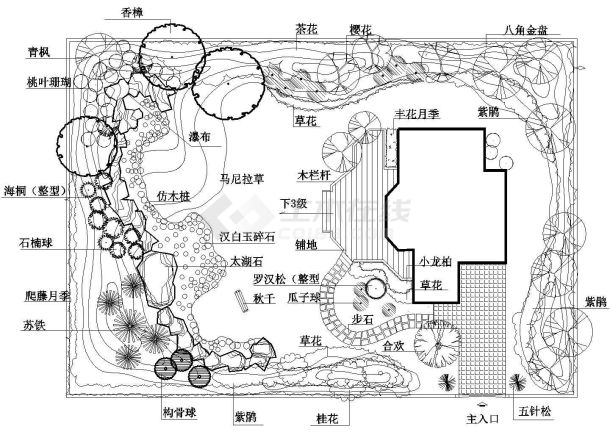 某小庭院园林设计图cad图，含各种绿植分布-图一