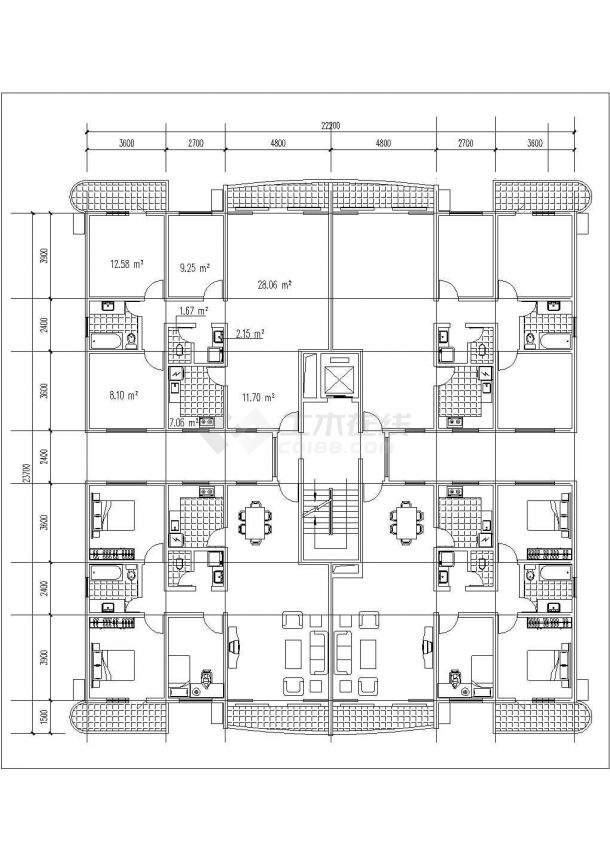 杭州市某高层住宅楼全套平面设计CAD图纸（每层380平米/1梯4户）-图一