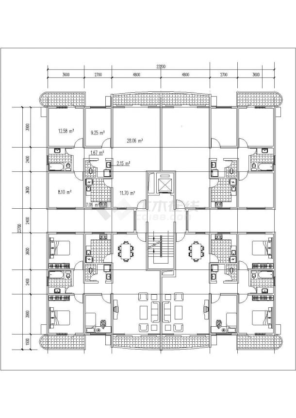 杭州市某高层住宅楼全套平面设计CAD图纸（每层380平米/1梯4户）-图二