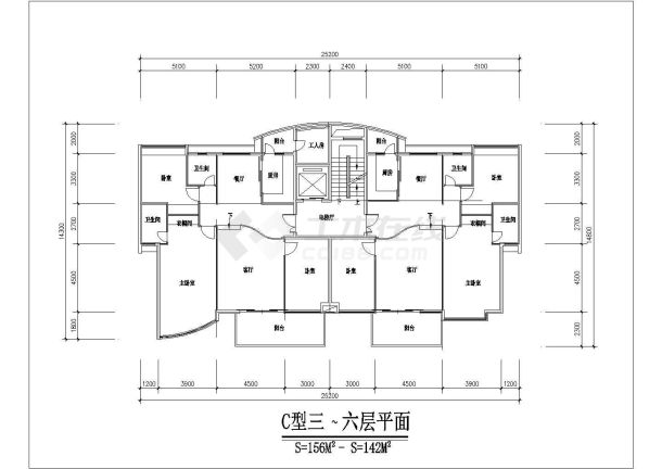 慈溪市某小区1500平米7层混合结构住宅楼平面设计CAD图纸（1梯2户）-图一