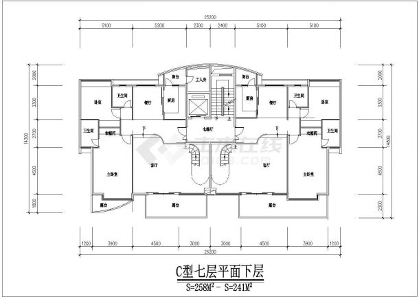 慈溪市某小区1500平米7层混合结构住宅楼平面设计CAD图纸（1梯2户）-图二