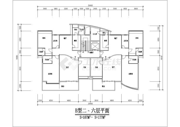 2200平米7层混合结构住宅楼平面设计CAD图纸（1梯2户/每户150平米）-图一