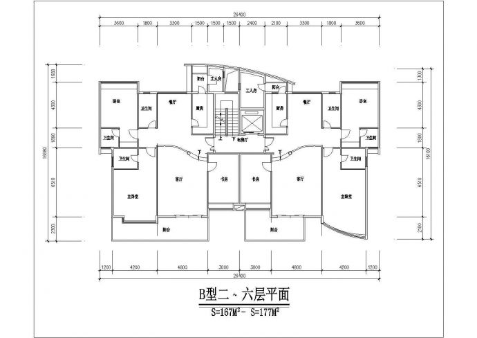 2200平米7层混合结构住宅楼平面设计CAD图纸（1梯2户/每户150平米）_图1