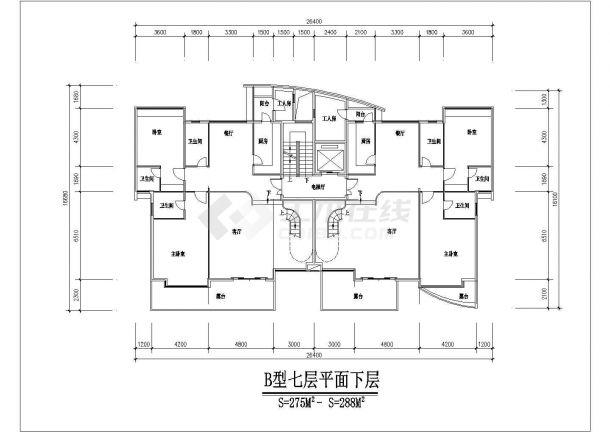 2200平米7层混合结构住宅楼平面设计CAD图纸（1梯2户/每户150平米）-图二