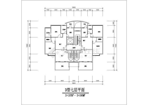 淄博市某新建小区7层住宅楼平面设计CAD图纸（1梯2户/每户100平米左右）-图一