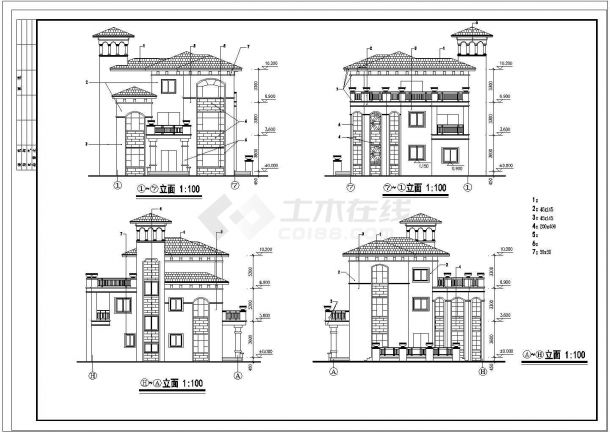 三层独栋别墅cad建筑施工设计图附效果图-图二