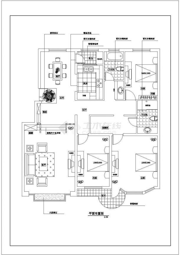 芜湖市某大三室室内装修cad平面施工工程图-图二