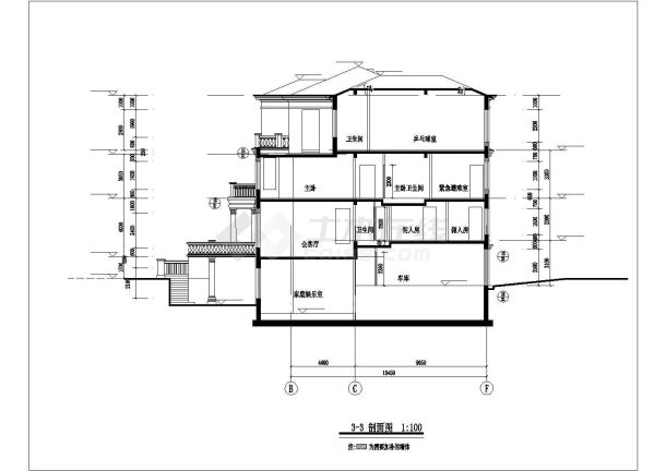锦州市某村镇4层砖混结构私建别墅立剖面设计CAD图纸-图一
