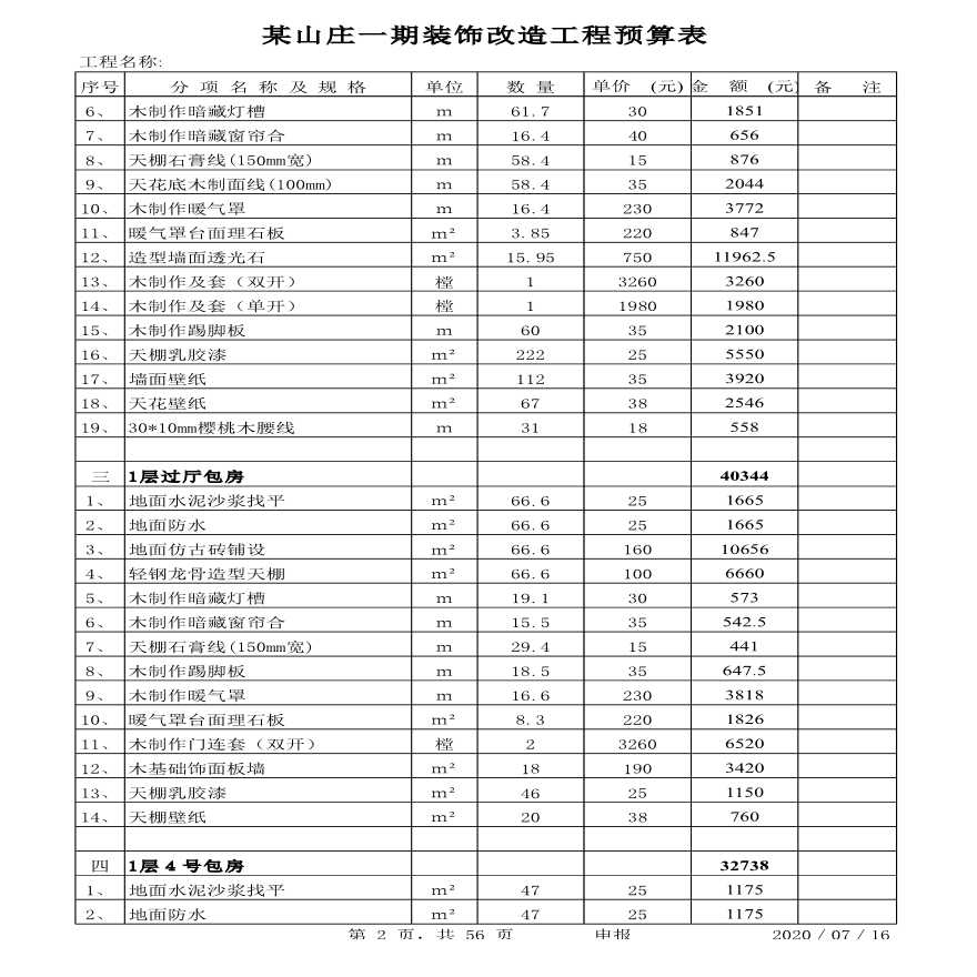 某酒店及别墅装饰决算价格表-图二