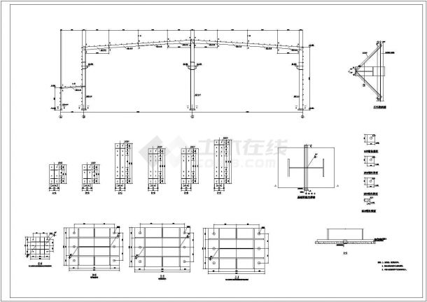 厂房设计_某工业区总跨门式刚架带吊车钢结构厂房建筑结构设计施工CAD图纸-图二