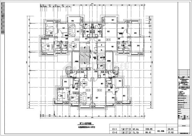 邯郸市星悦香缇小区住宅楼标准层设计CAD图纸（97+71/1梯4户对称型）-图一