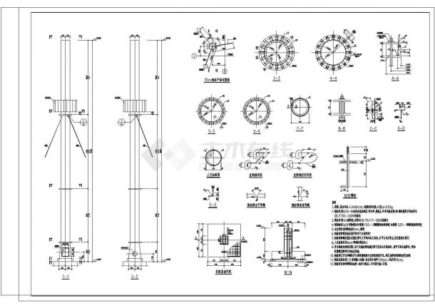 某地30m拉索钢烟囱详细cad设计施工图纸(含拉索基础详图)-图二