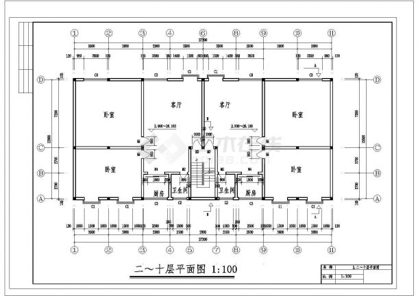 2500平米10层框架结构住宅楼建筑结构设计CAD图纸（1梯2户型）-图二