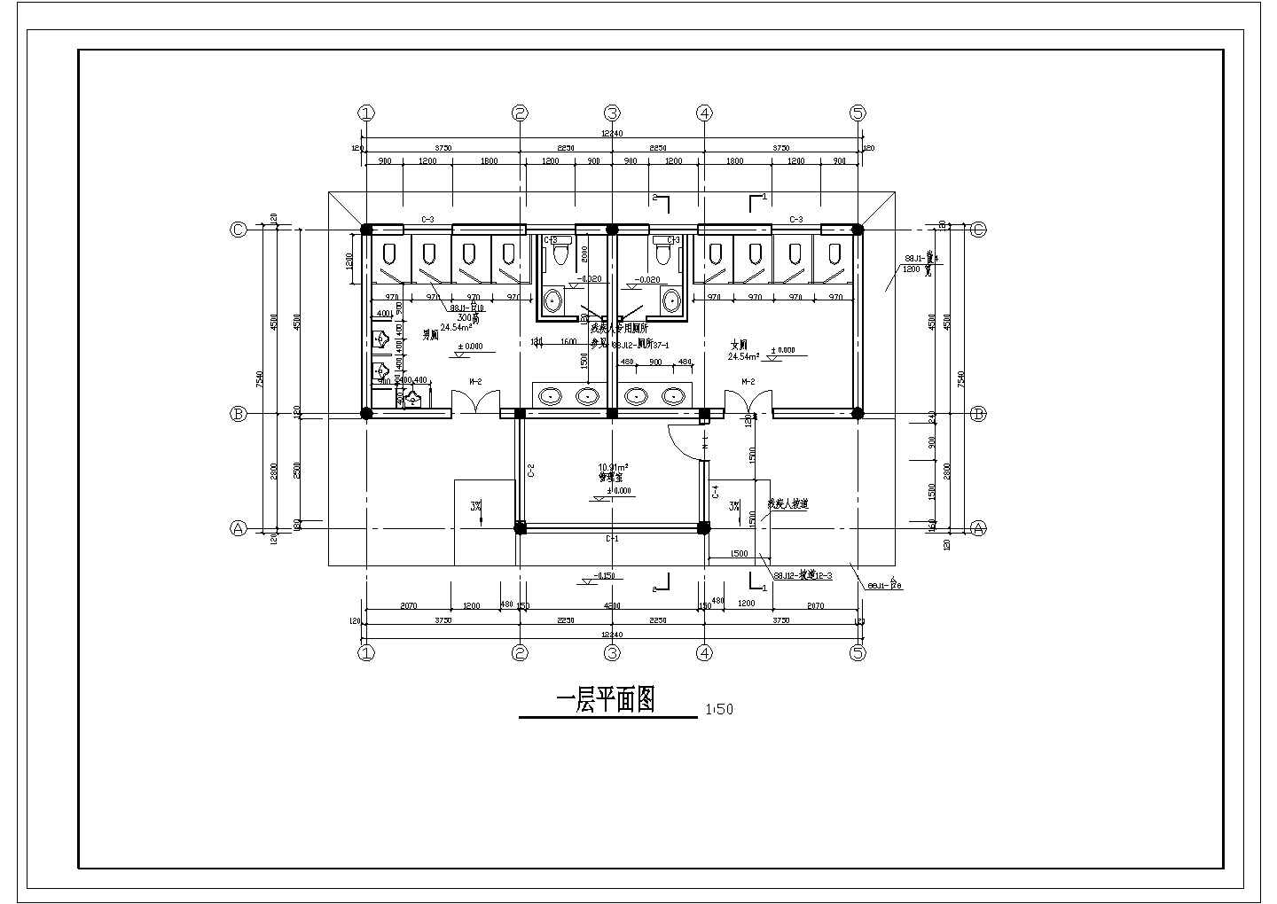 某长12.24米 宽7.54米 1层72平米砖混结构CAD设计生态旅游区公厕