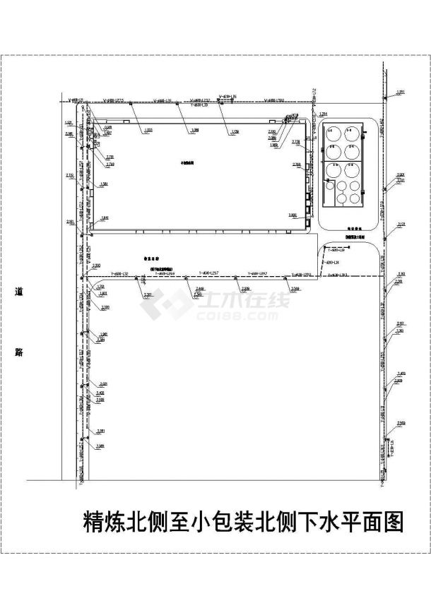 江苏省某厂区给排水总图与电缆沟图纸(含精炼北侧至小包装北侧道路平面图)-图二