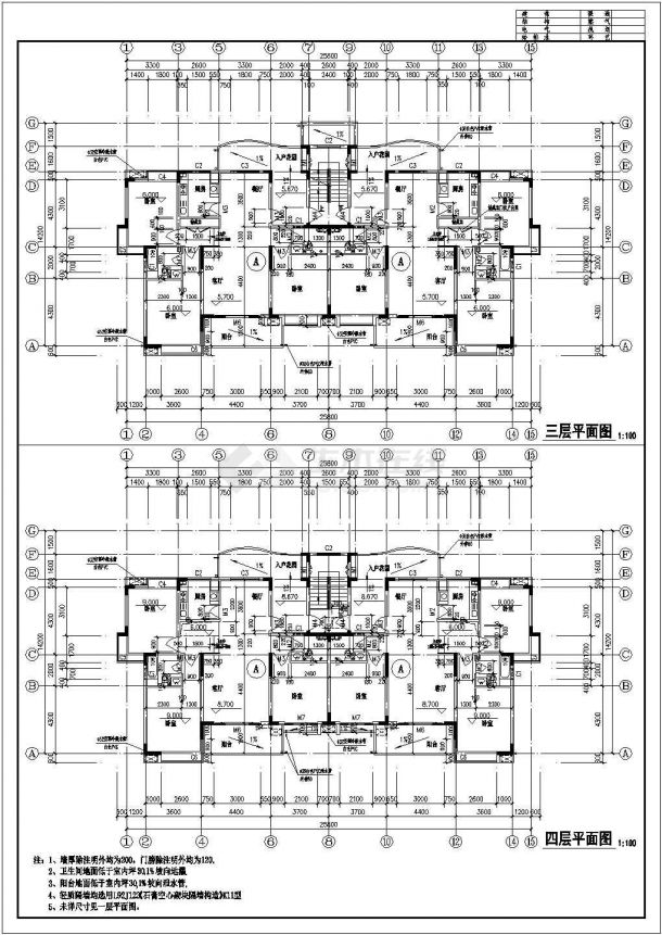 四层带阁楼层公寓住宅楼设计建筑施工cad图，共十八张-图二