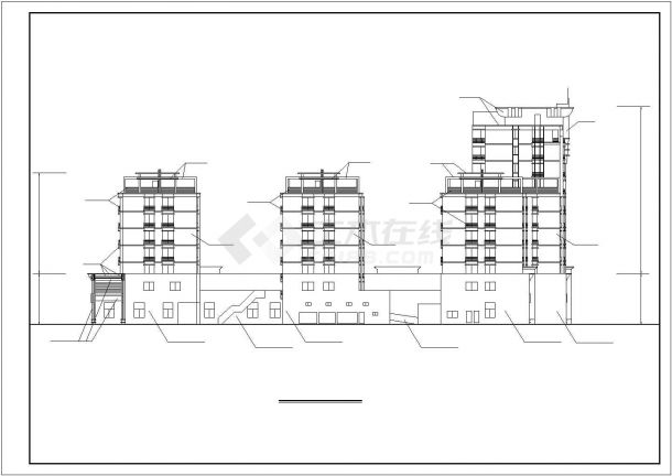 7层框架结构商住楼建筑设计CAD图纸（三栋联立式/一二层为商铺）-图一