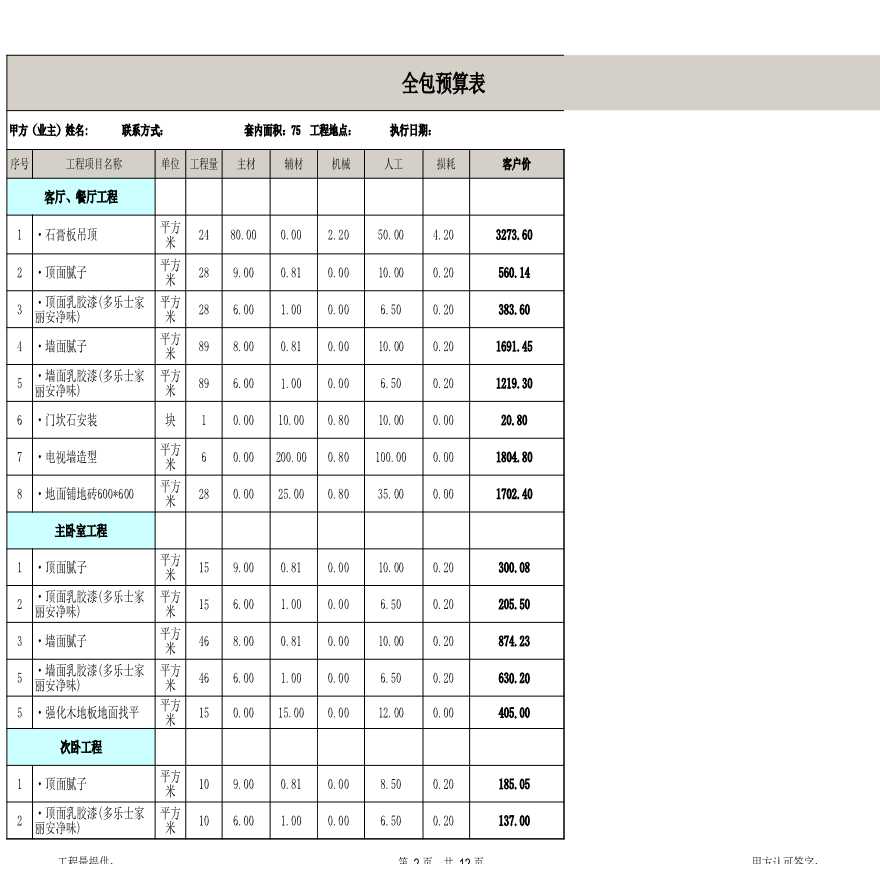 75平米两个卧室装修预算.xls-图二