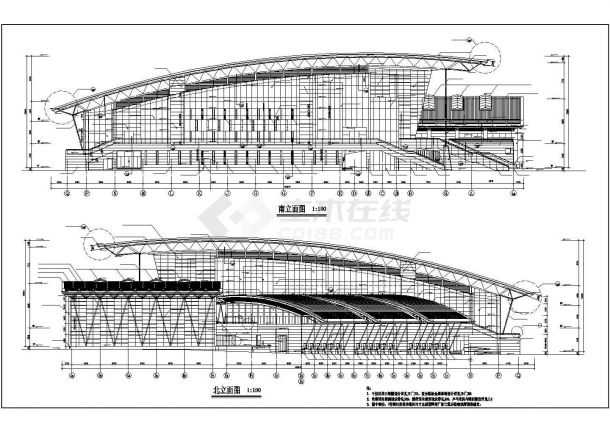 无锡市12米钢钢框架结构市立体育馆全套立剖面设计CAD图纸-图二