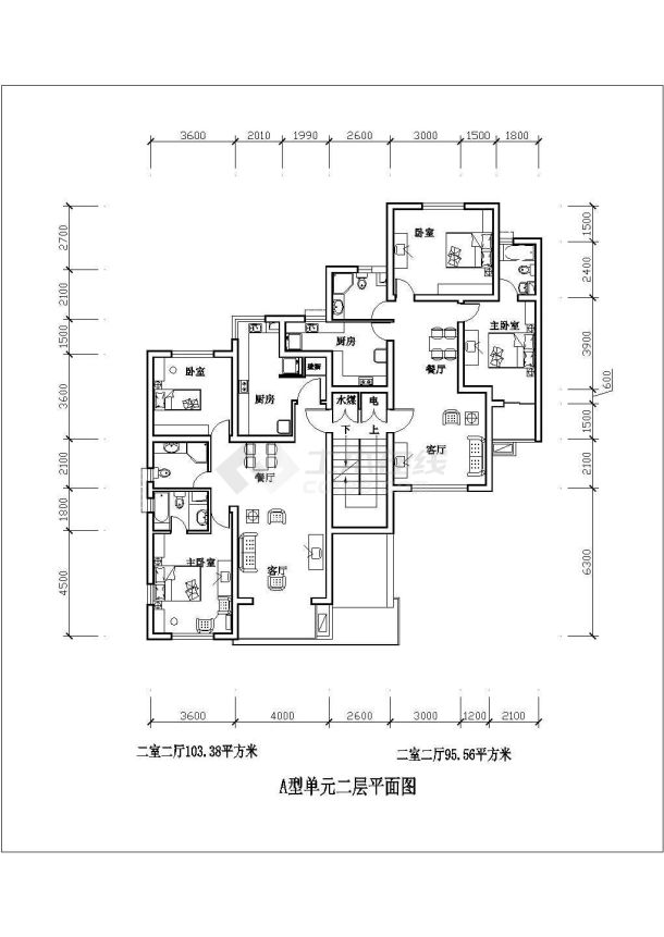 某二室二厅103平米CAD构造详细完整施工图-图一