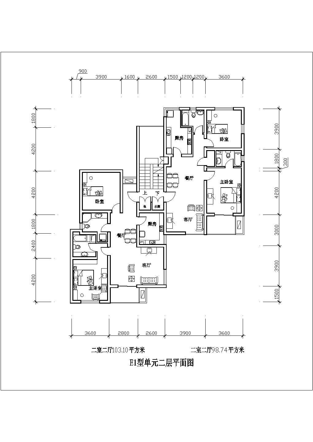 某二室二厅103平米CAD构造全套施工设计图