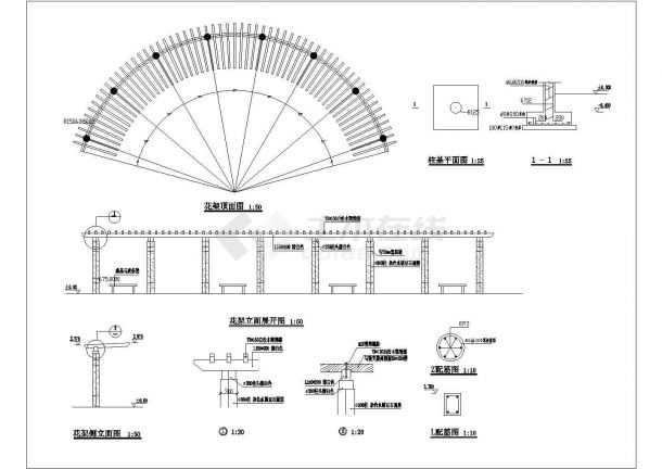 某弧形花架CAD构造施工设计图-图一