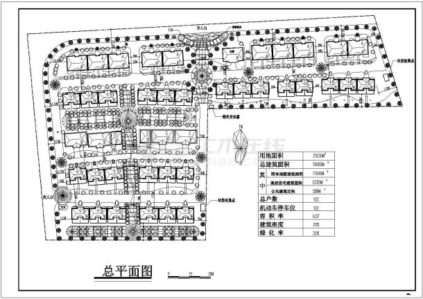 用地21630平米总户数102户小区规划总平面CAD图-图一