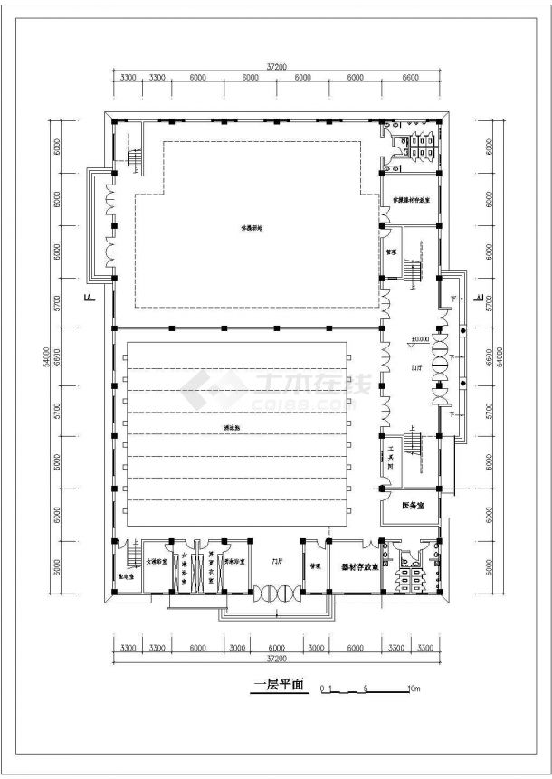 二层体育馆建筑施工cad图，共四张-图一