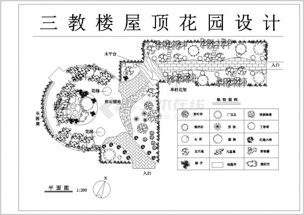 深圳市某艺术培训学校3层教学楼屋顶景观花园平面设计CAD图纸-图一