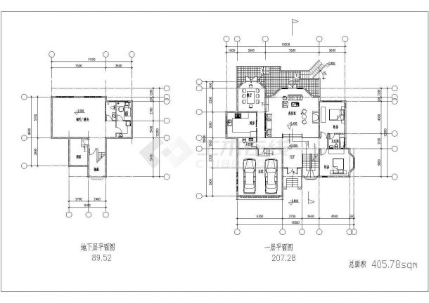 某二层带地下层框架结构坡地独栋别墅（建筑面积405.78平方米）设计cad建筑方案图（含效果图）-图二