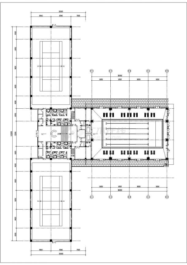 北京某大学3500平米2层框架网球馆平剖面CAD设计图纸-图一