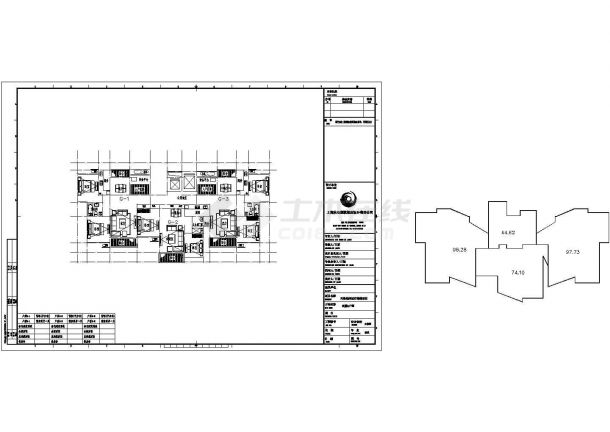 杭州市白堤花园小区住宅楼标准平面设计图CAD图纸（1梯3户/98+97+74）-图一
