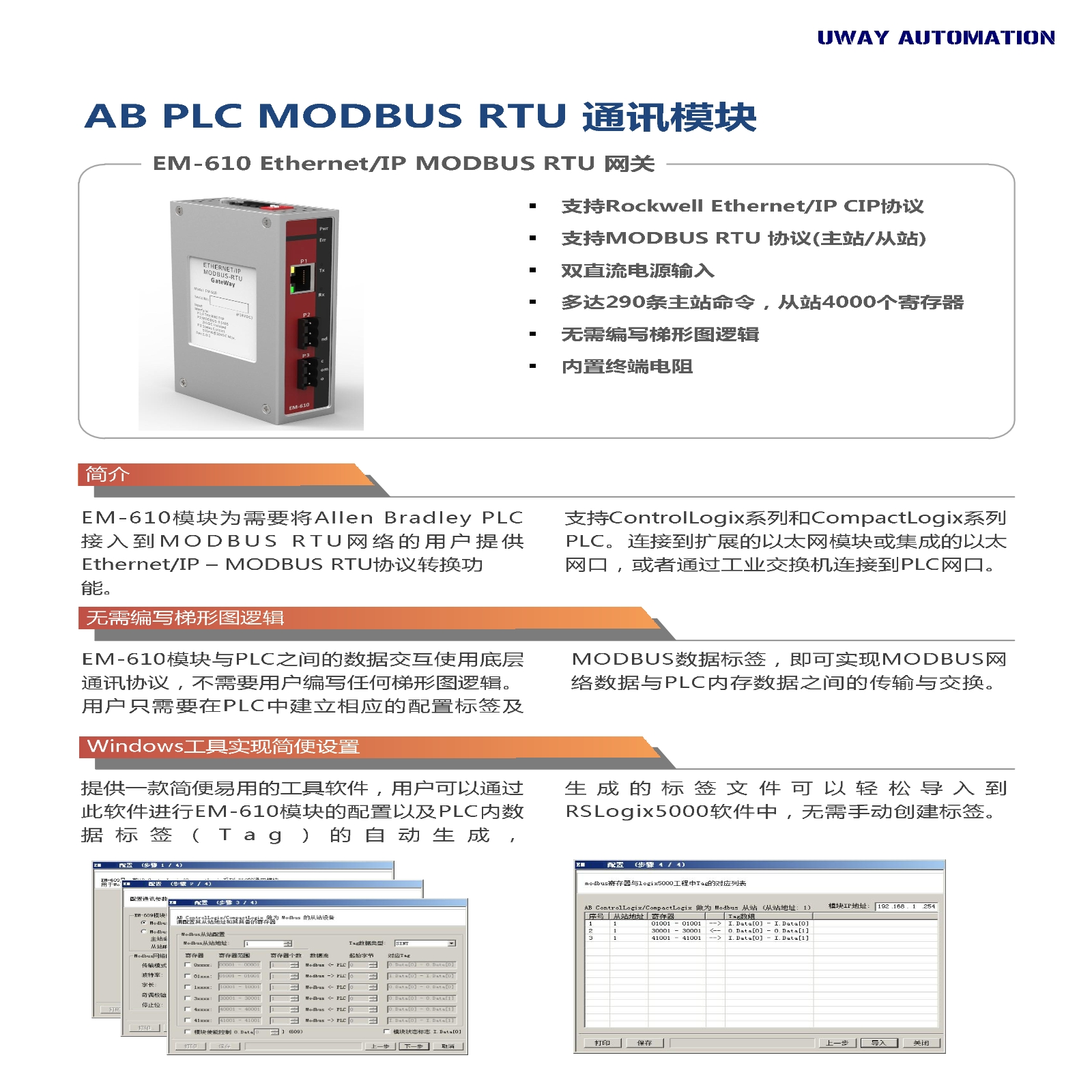 AB PLC MODBUS 第三方通讯网关模块EM-610