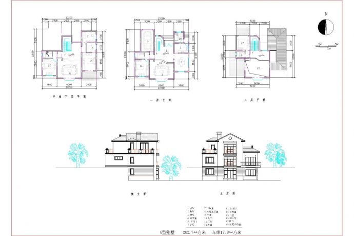 某二层带地下室砖混结构欧式风格别墅（建筑面积262.7平方米）设计cad建筑方案图（标注详细）_图1