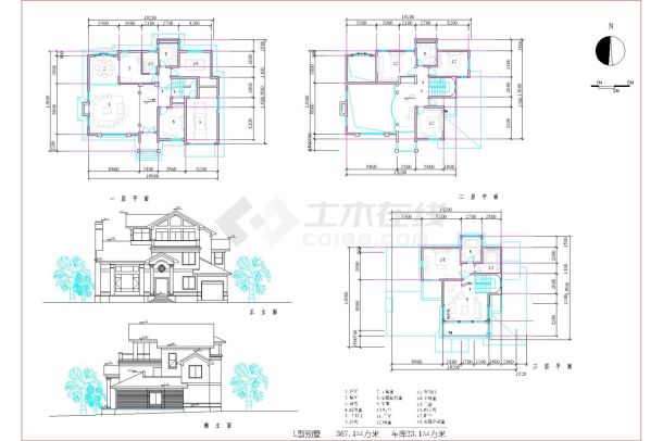 某三层框混结构欧式风格别墅（建筑面积367.4平方米）设计cad建筑方案图（标注详细）-图二
