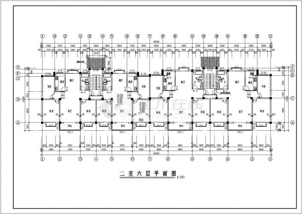 地下一层地上六层二单元3023平米对称户型CAD设计图纸-图二