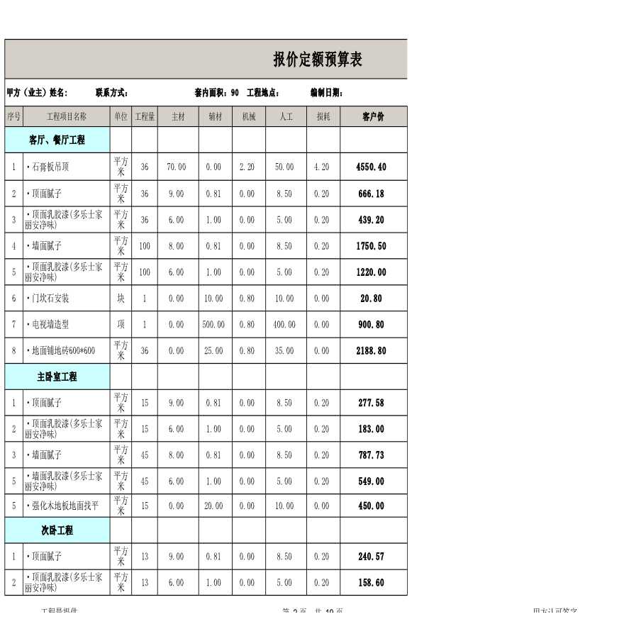 90平米别墅两室两厅一厨一卫报价定额预算表-图二