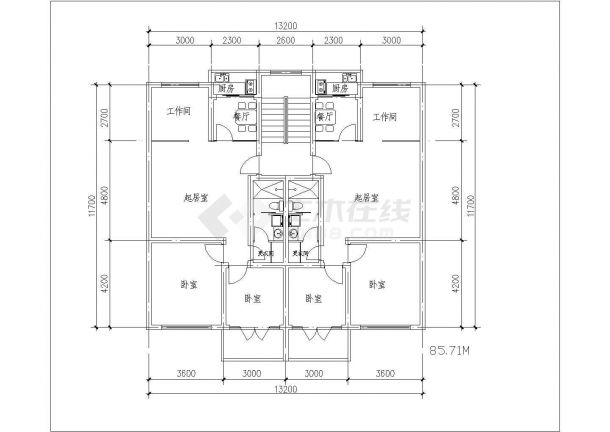 贵阳侨新花园小区5张住宅楼标准层平面设计CAD图纸（80-90平米/1梯2户）-图二