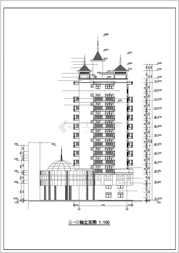 上海市某12层框架商住楼建筑设计CAD图纸（含夹层和屋顶水池平面图）-图二