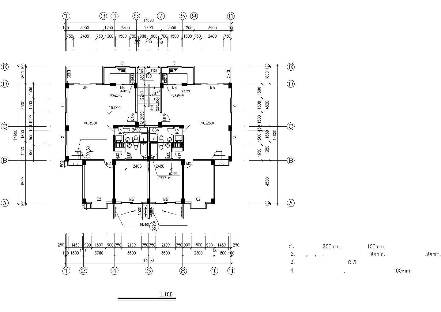 长春某小区6层砖混结构住宅楼建筑设计CAD图纸（含架空层/第六层为复式）