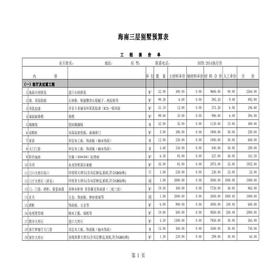 某城市三层别墅豪华装修工程全包预算表-图一