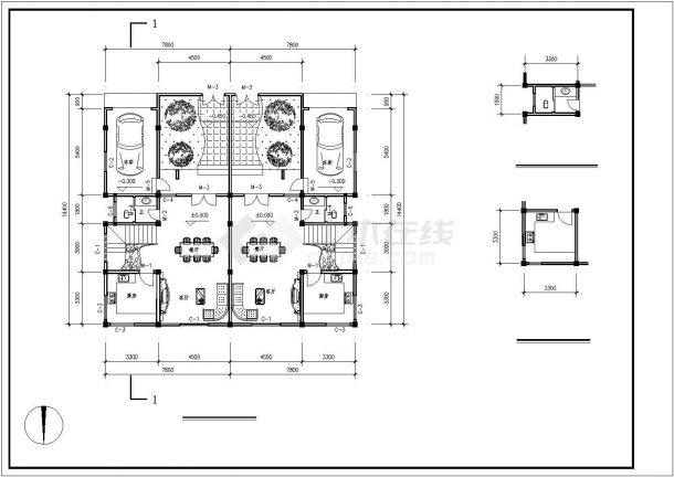 某框架结构三层双拼带车库带庭院式别墅设计cad全套建筑施工图（含设计说明，含结构设计，带效果图）-图二