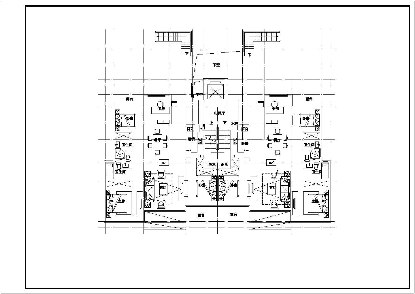 昆明市旭阳花园小区6层混合结构单体住宅楼平面设计CAD图纸（1层2户）