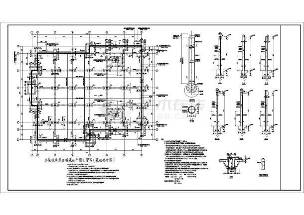 某工程热泵机房承台桩设计cad基础平面布置图(基础套管图)-图一